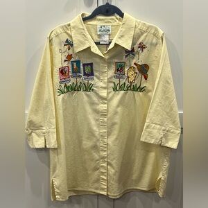 Quacker Factory Yellow Tailored Shirt Embroidered with Vegetable Garden design